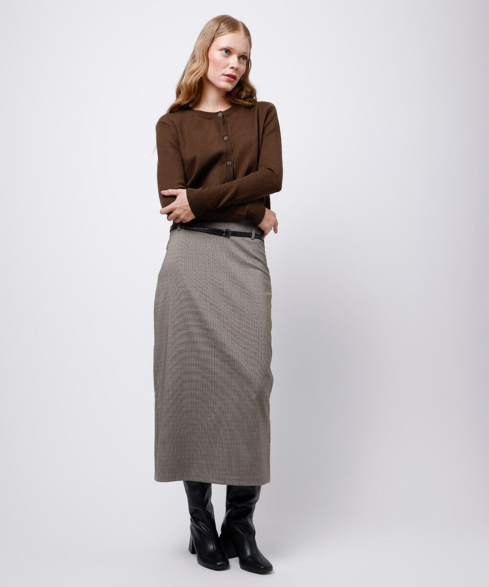 saia midi xadrez com cinto mindset bege