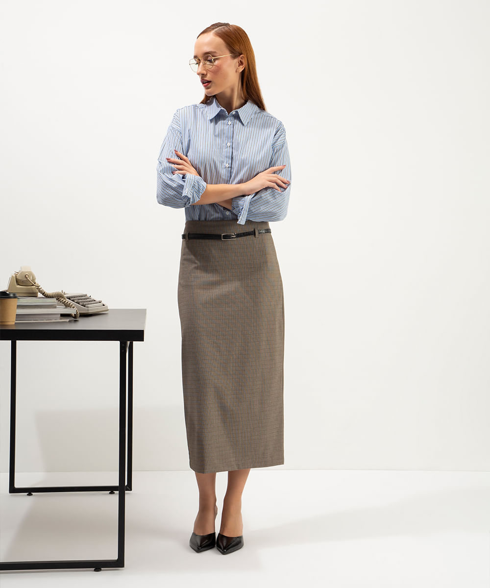 saia midi xadrez com cinto mindset bege