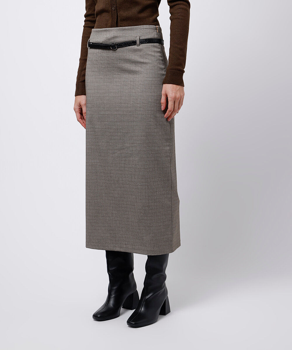 saia midi xadrez com cinto mindset bege