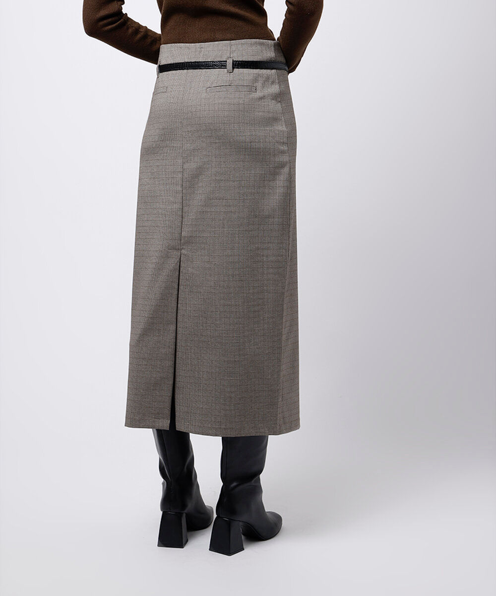 saia midi xadrez com cinto mindset bege