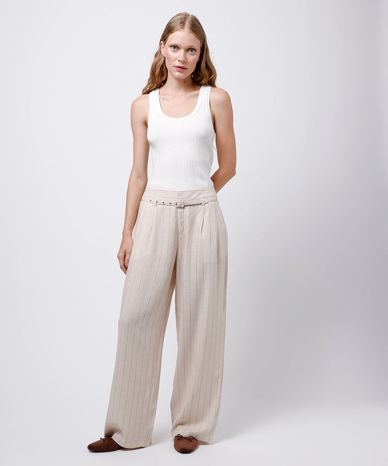 calça wide leg alfaiataria com linho listrada mindset bege
