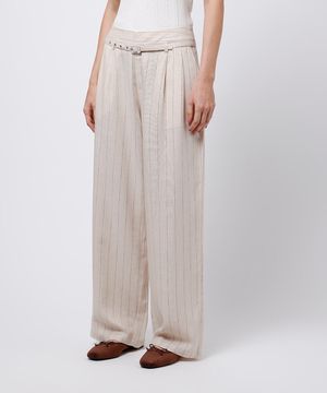 calça wide leg alfaiataria com linho listrada mindset bege