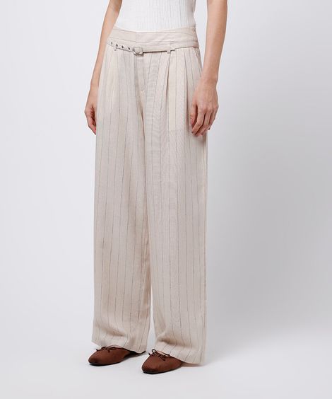 calça wide leg alfaiataria com linho listrada mindset bege
