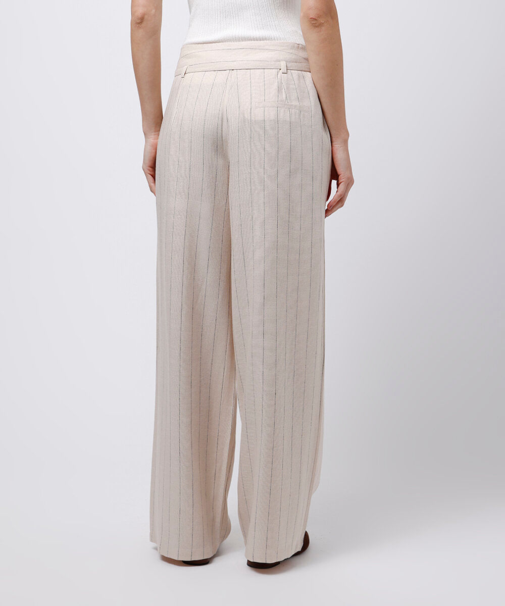 calça wide leg alfaiataria com linho listrada mindset bege