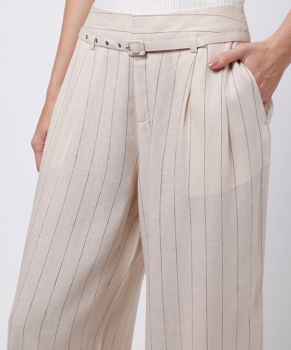 calça wide leg alfaiataria com linho listrada mindset bege