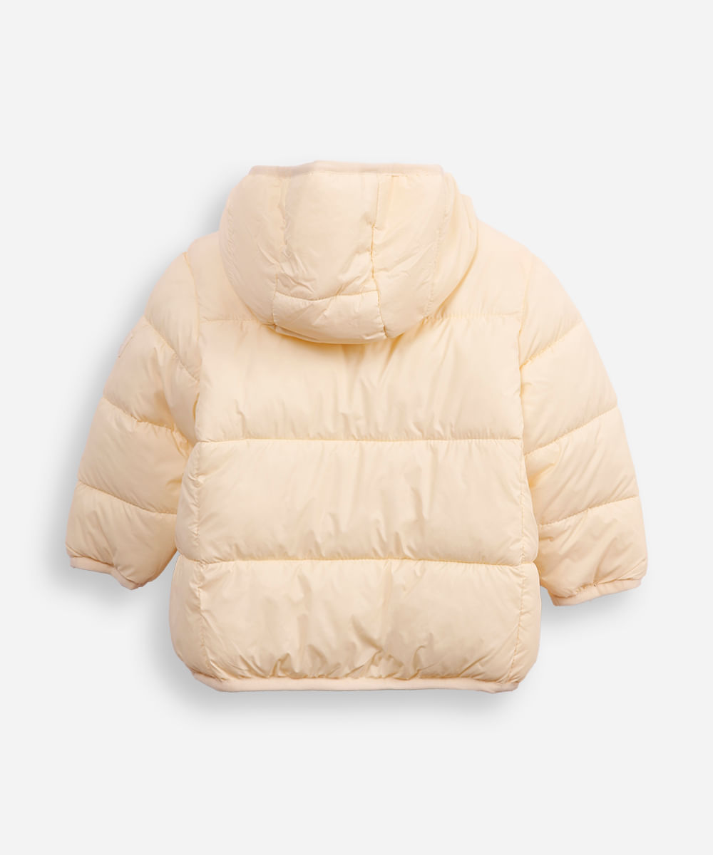 jaqueta puffer infantil com capuz bege