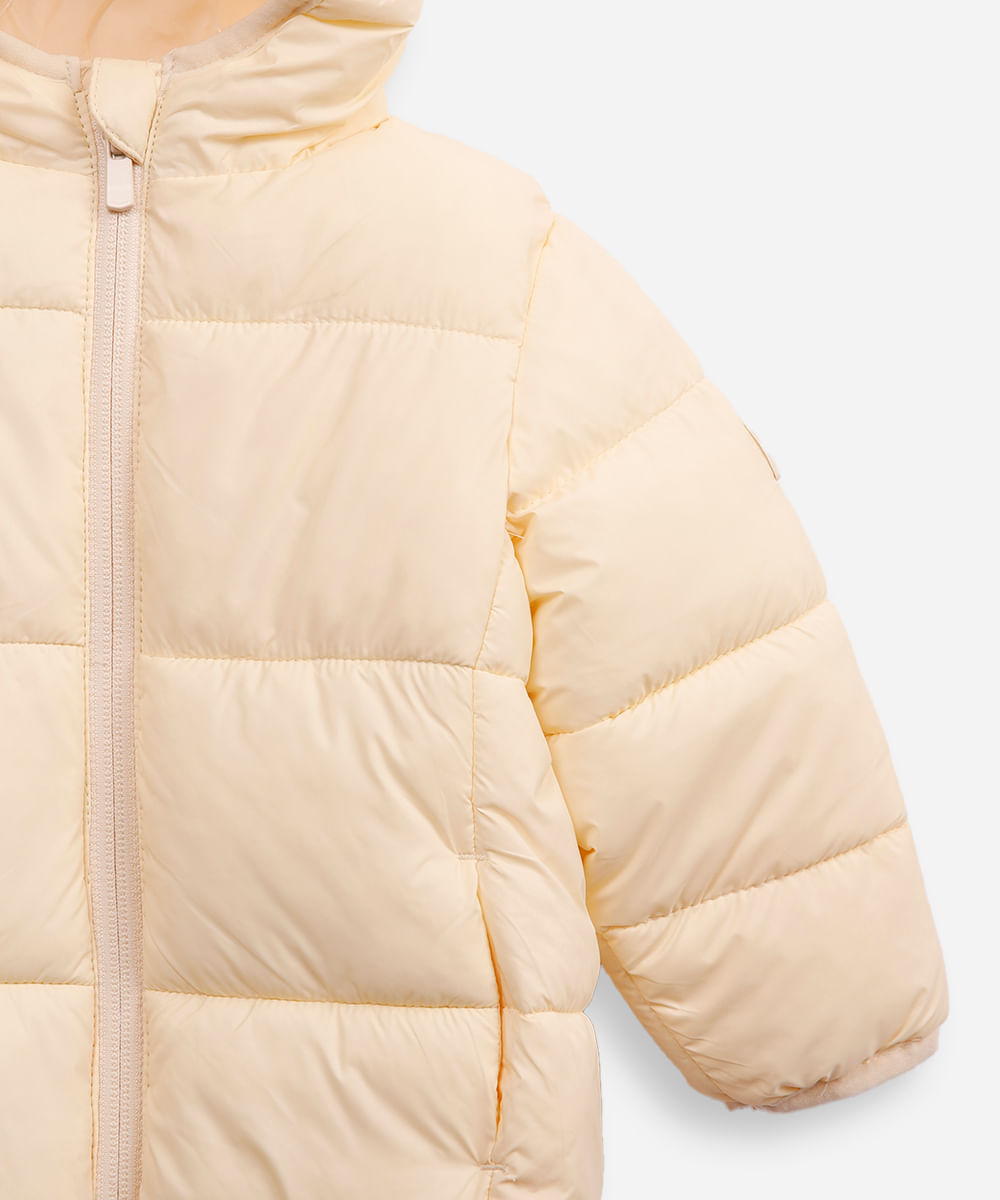jaqueta puffer infantil com capuz bege