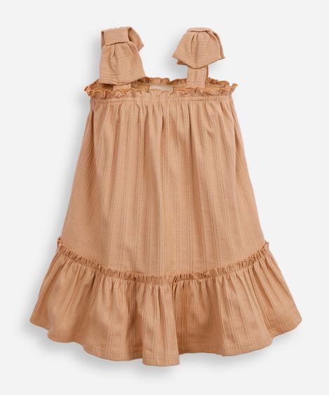 vestido de algodão infantil alça com laço texturizado bege