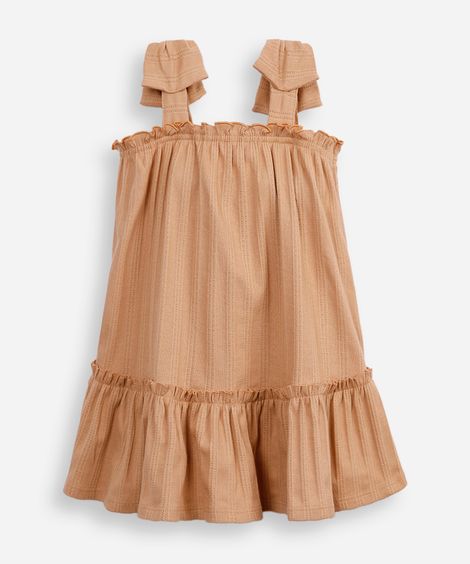 vestido de algodão infantil alça com laço texturizado bege