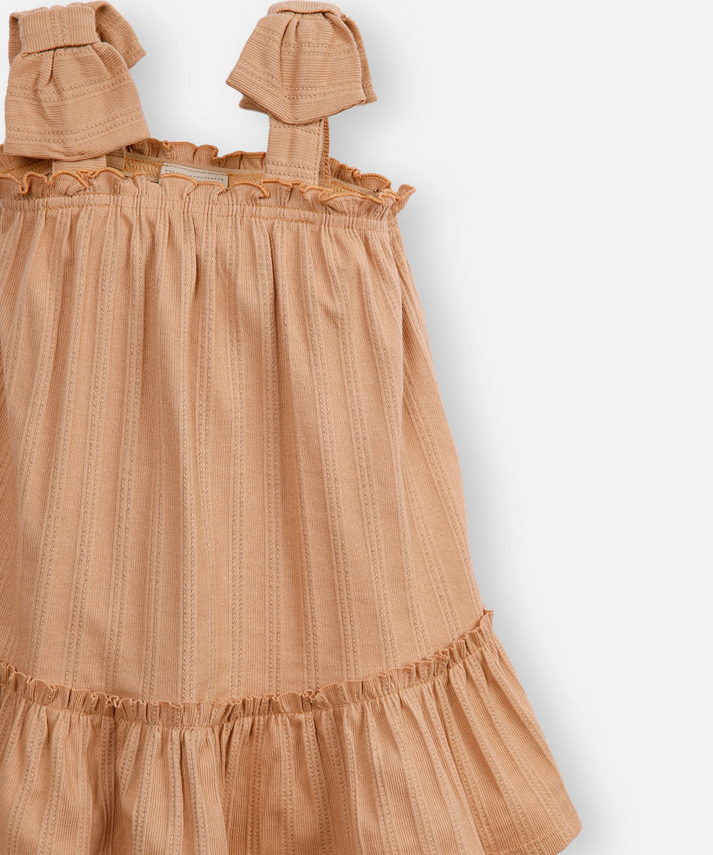 vestido de algodão infantil alça com laço texturizado bege