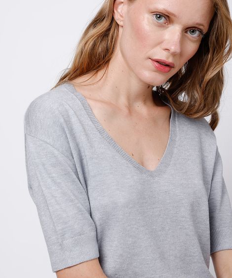 blusa feminina de tricot decote v mindset cinza
