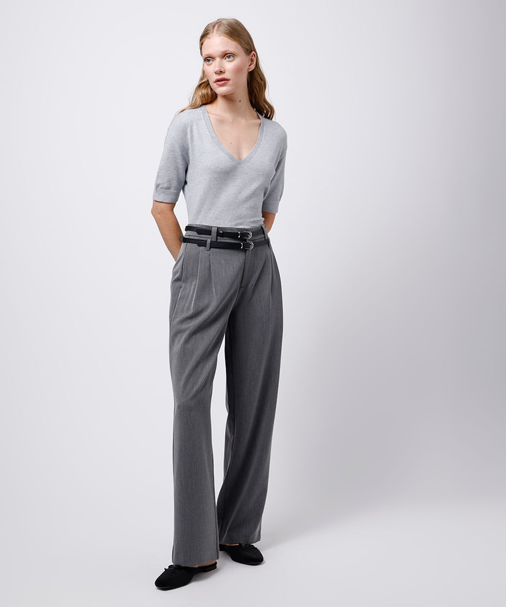 blusa feminina de tricot decote v mindset cinza