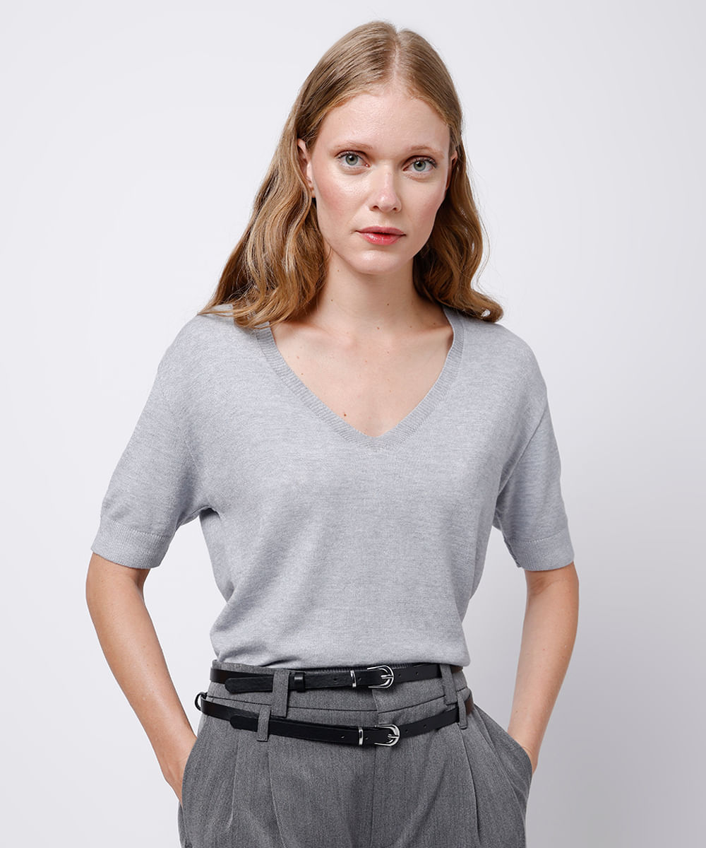 blusa feminina de tricot decote v mindset cinza