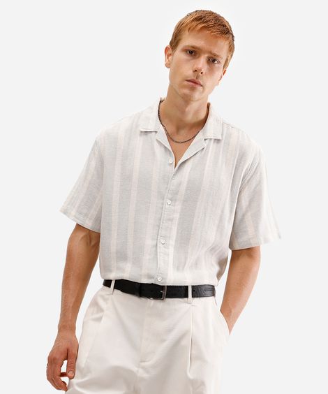 camisa masculina de algodão manga curta listrada off white