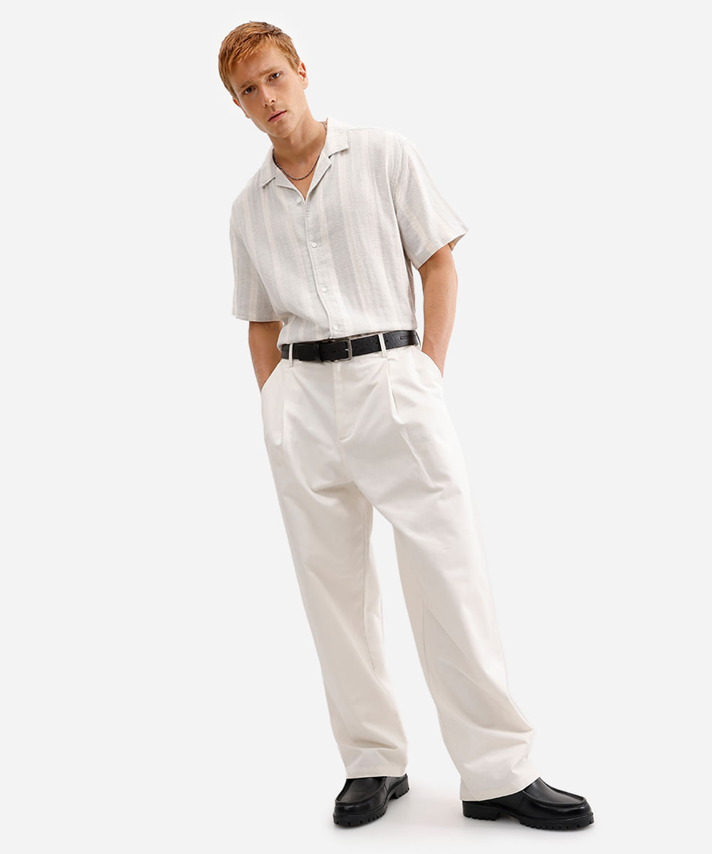 camisa masculina de algodão manga curta listrada off white