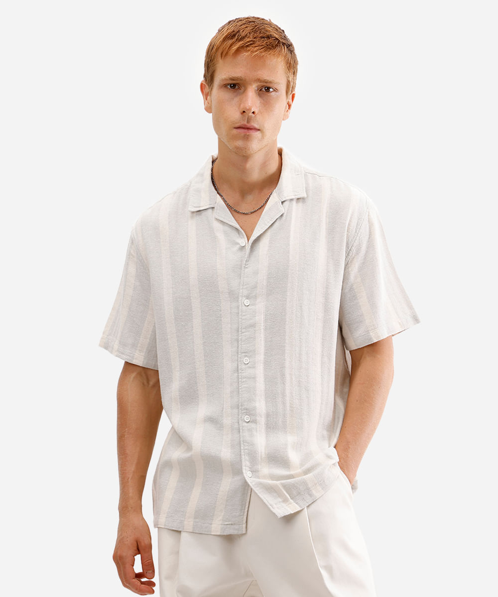 camisa masculina de algodão manga curta listrada off white