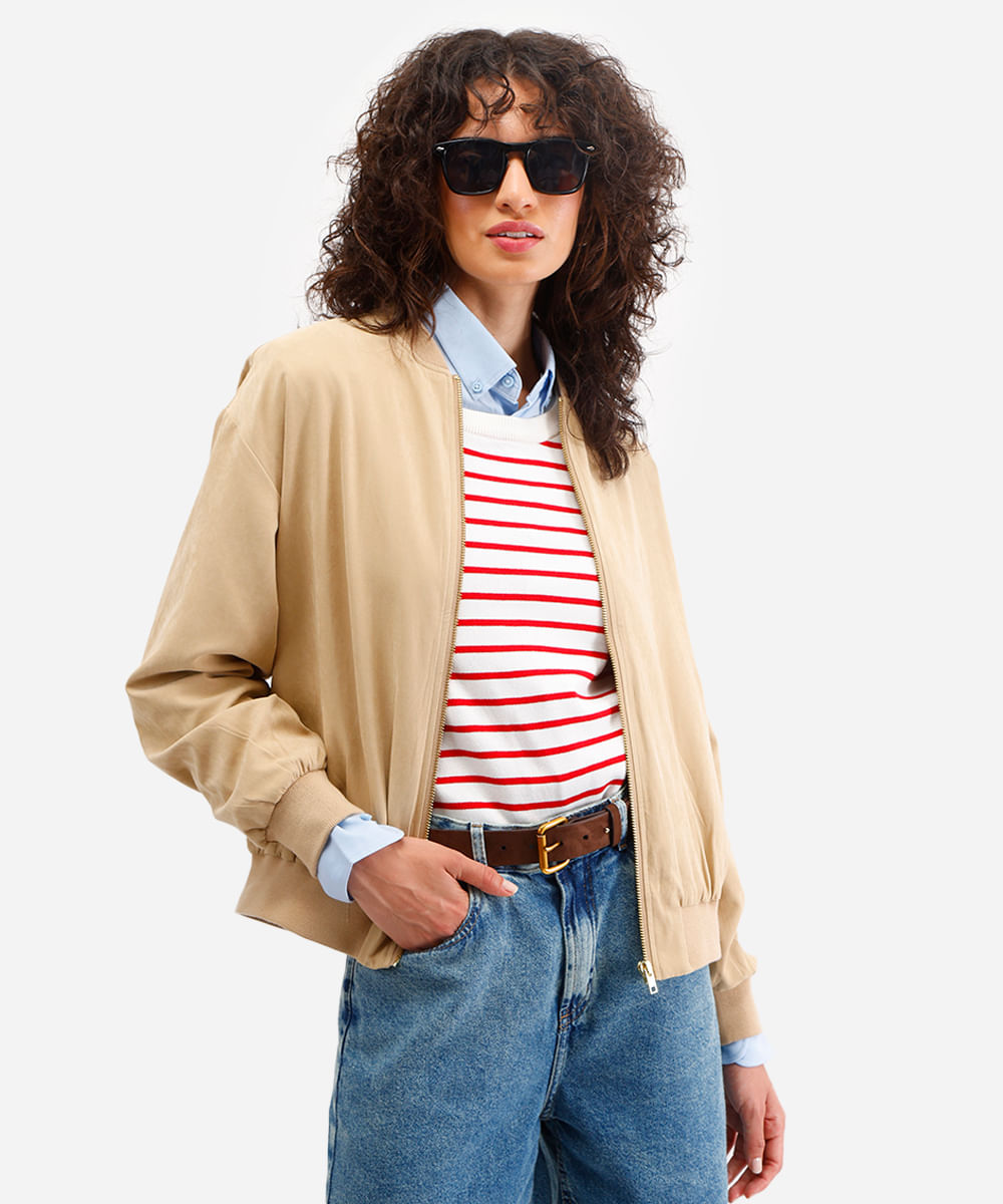 jaqueta bomber feminina texturizada bege