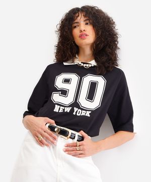 polo oversized feminina de algodão new york preta