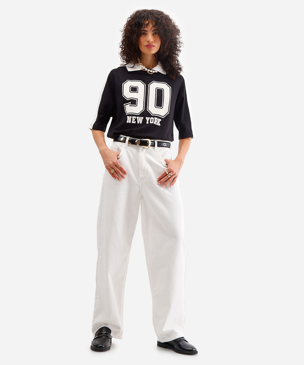 polo oversized feminina de algodão new york preta