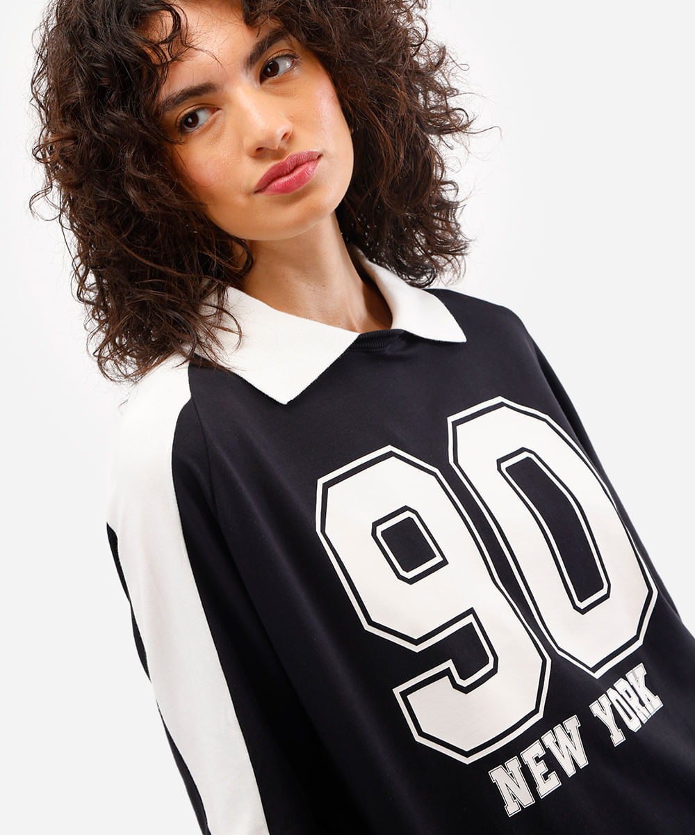 polo oversized feminina de algodão new york preta