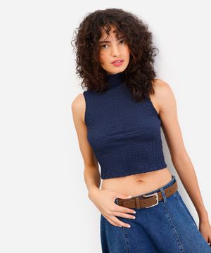 cropped feminino gola alta texturizado azul