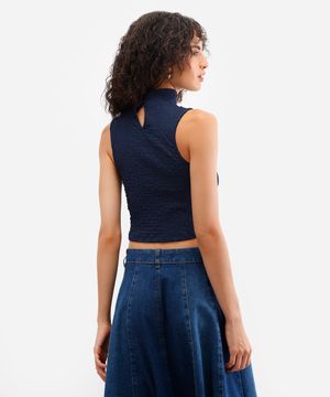 cropped feminino gola alta texturizado azul
