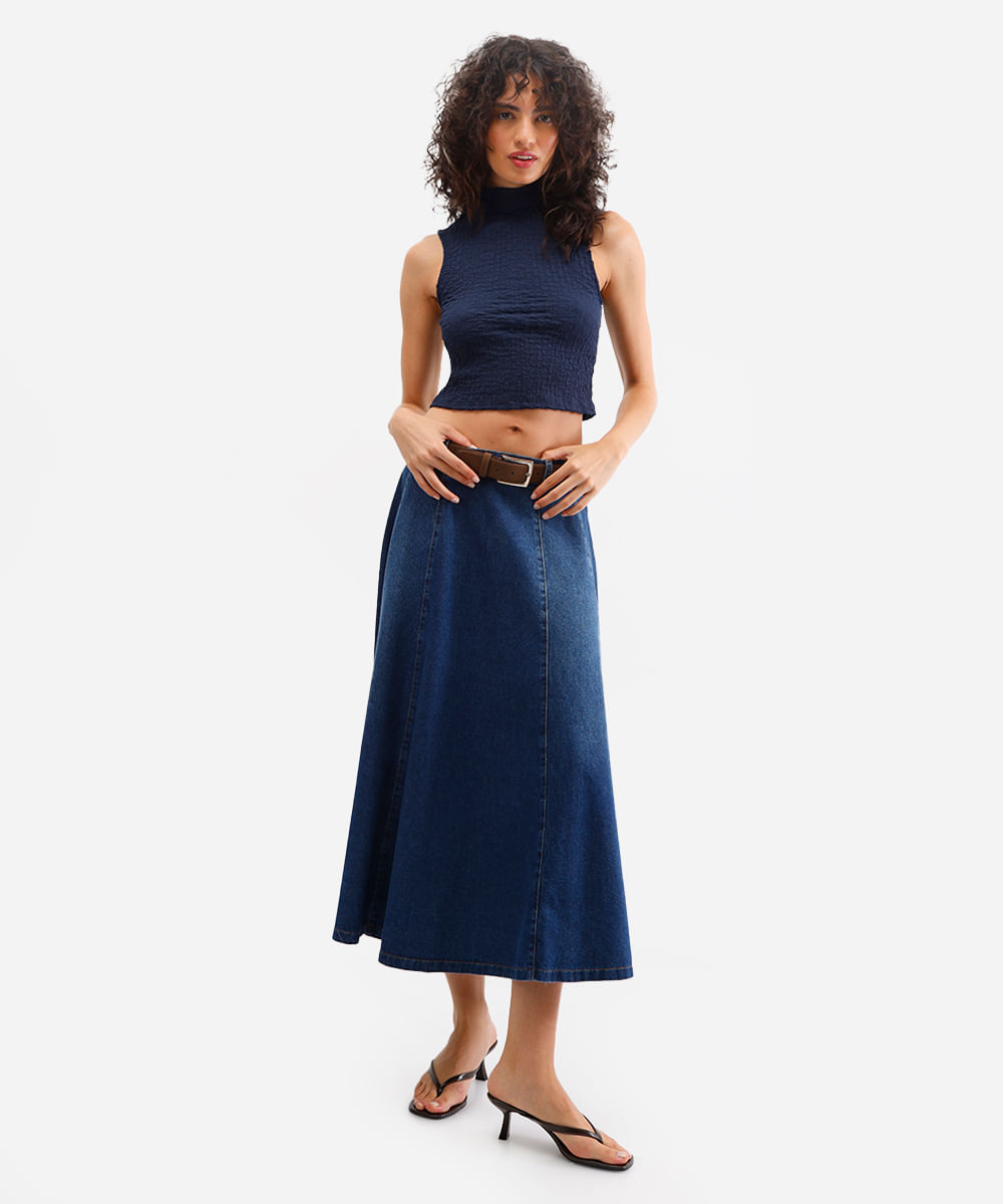cropped feminino gola alta texturizado azul
