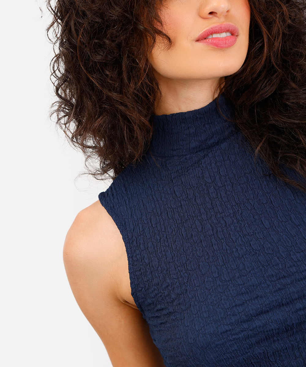 cropped feminino gola alta texturizado azul