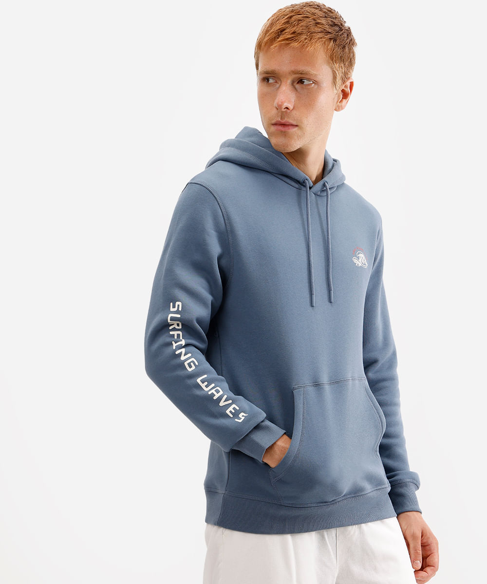 blusão masculino de moletom canguru com capuz azul