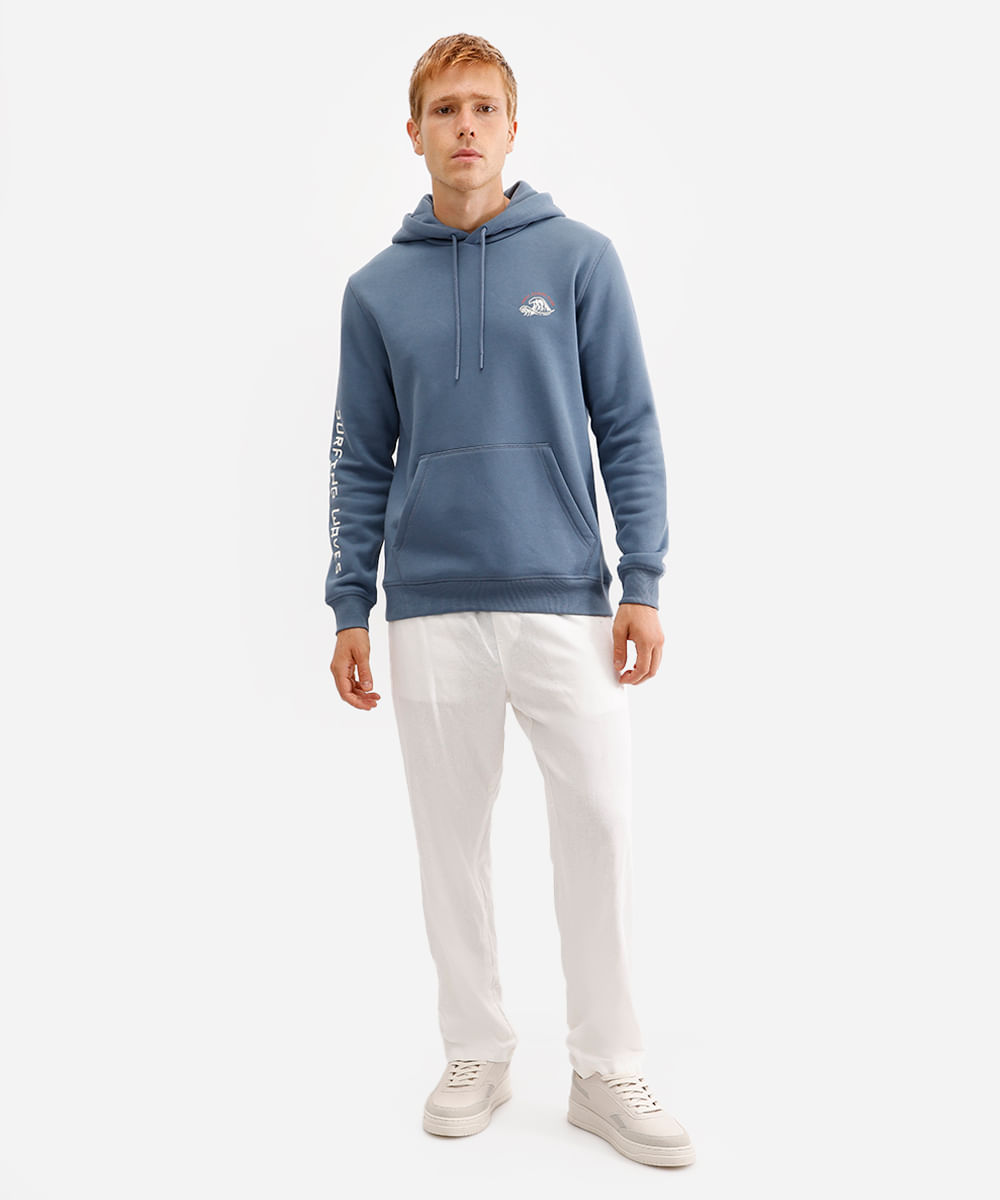 blusão masculino de moletom canguru com capuz azul