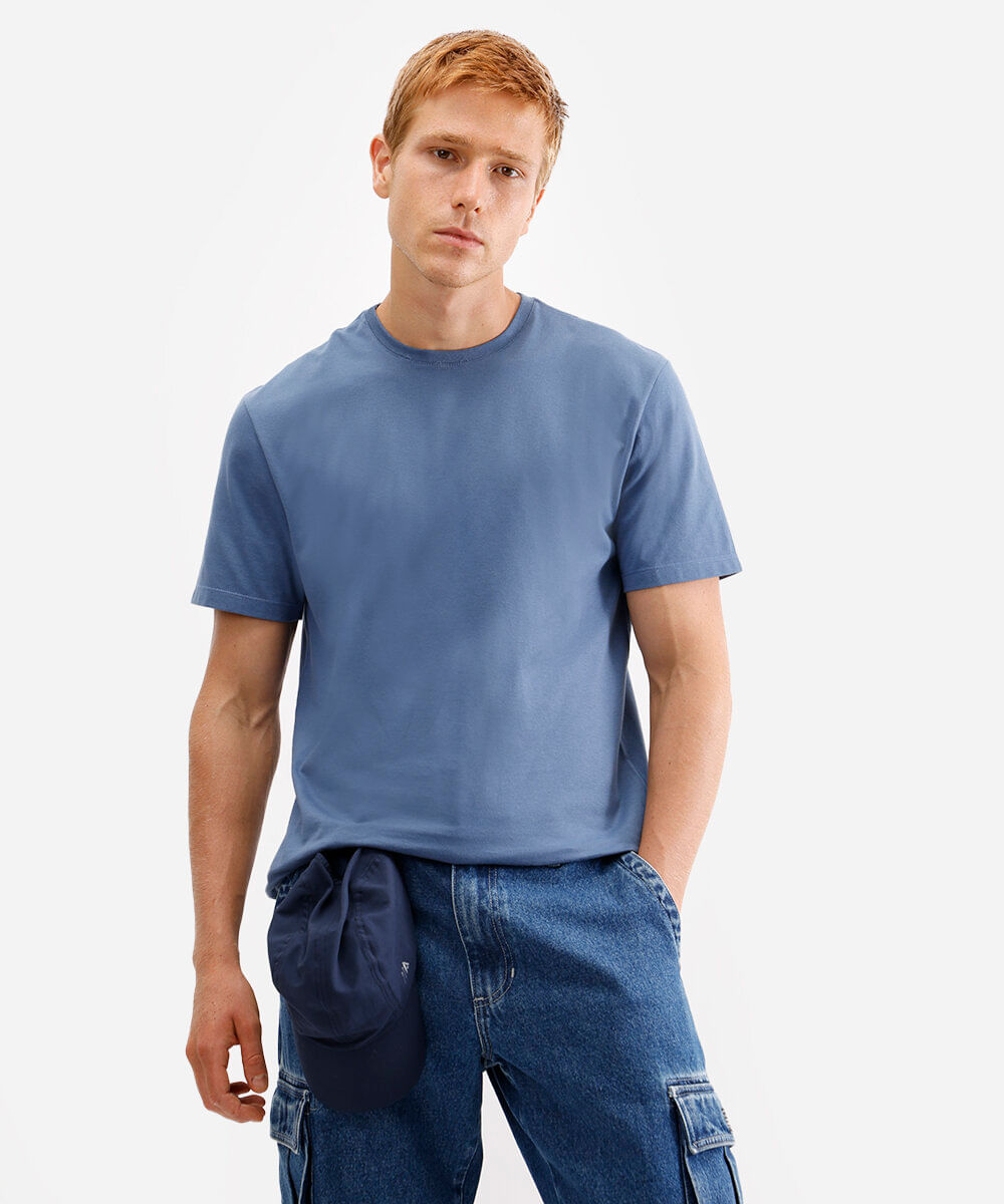 camiseta masculina de algodão básica manga curta azul