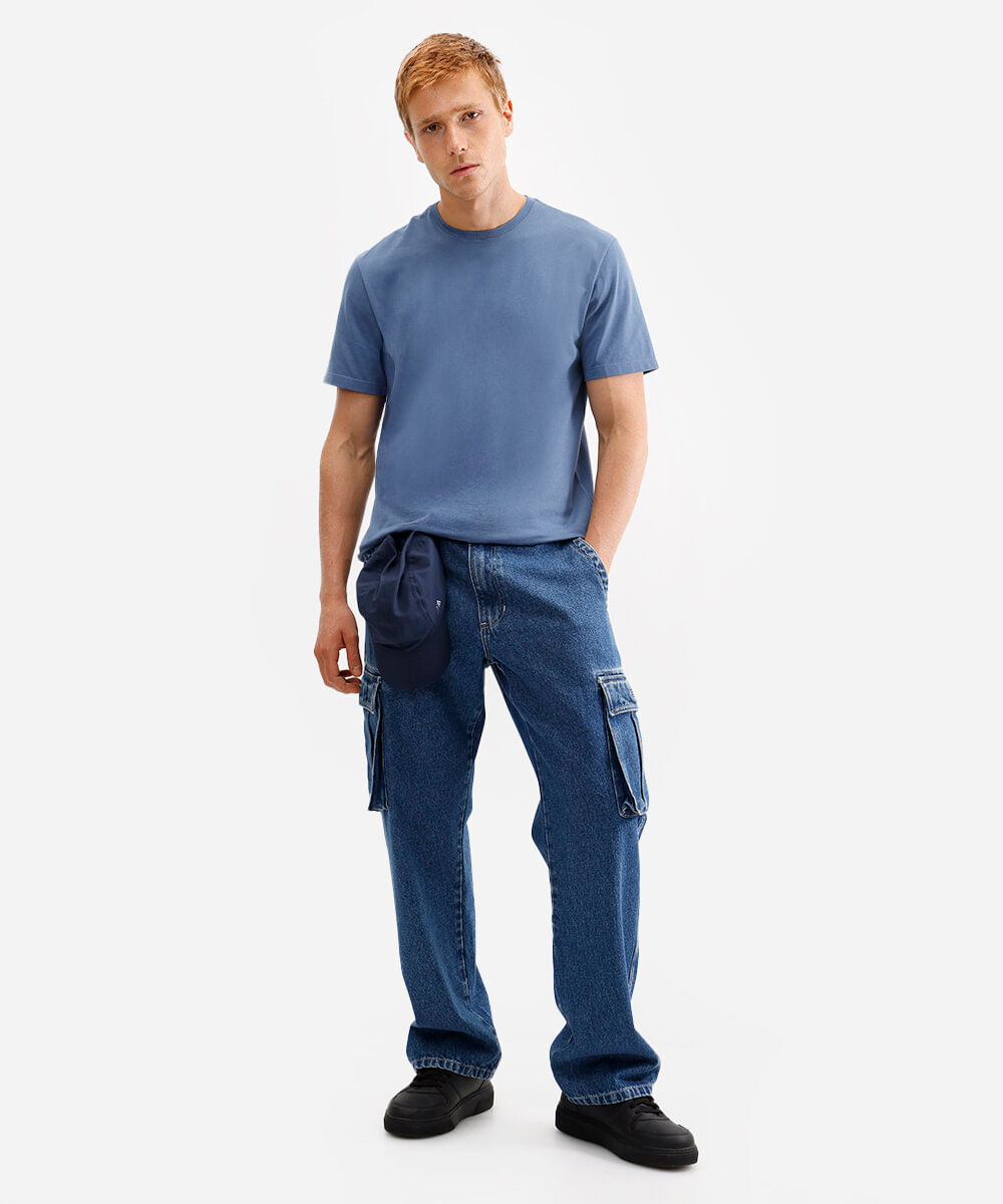 camiseta masculina de algodão básica manga curta azul