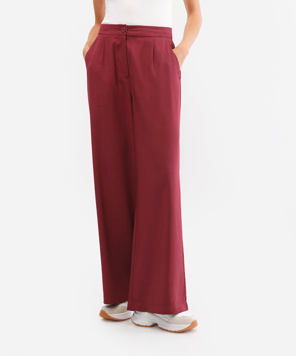 calça wide leg de viscose cintura alta com elástico - vinho