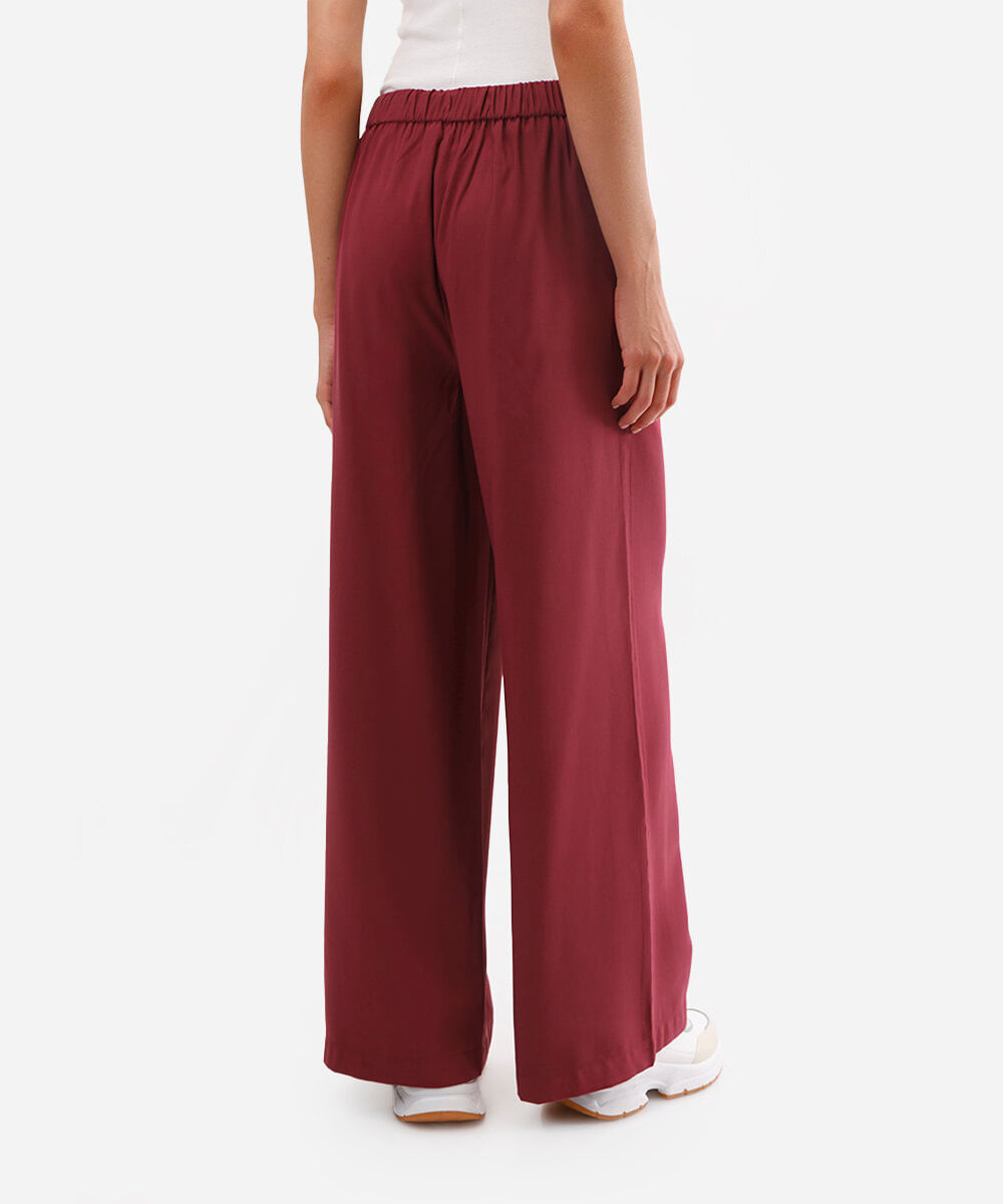 calça wide leg de viscose cintura alta com elástico - vinho