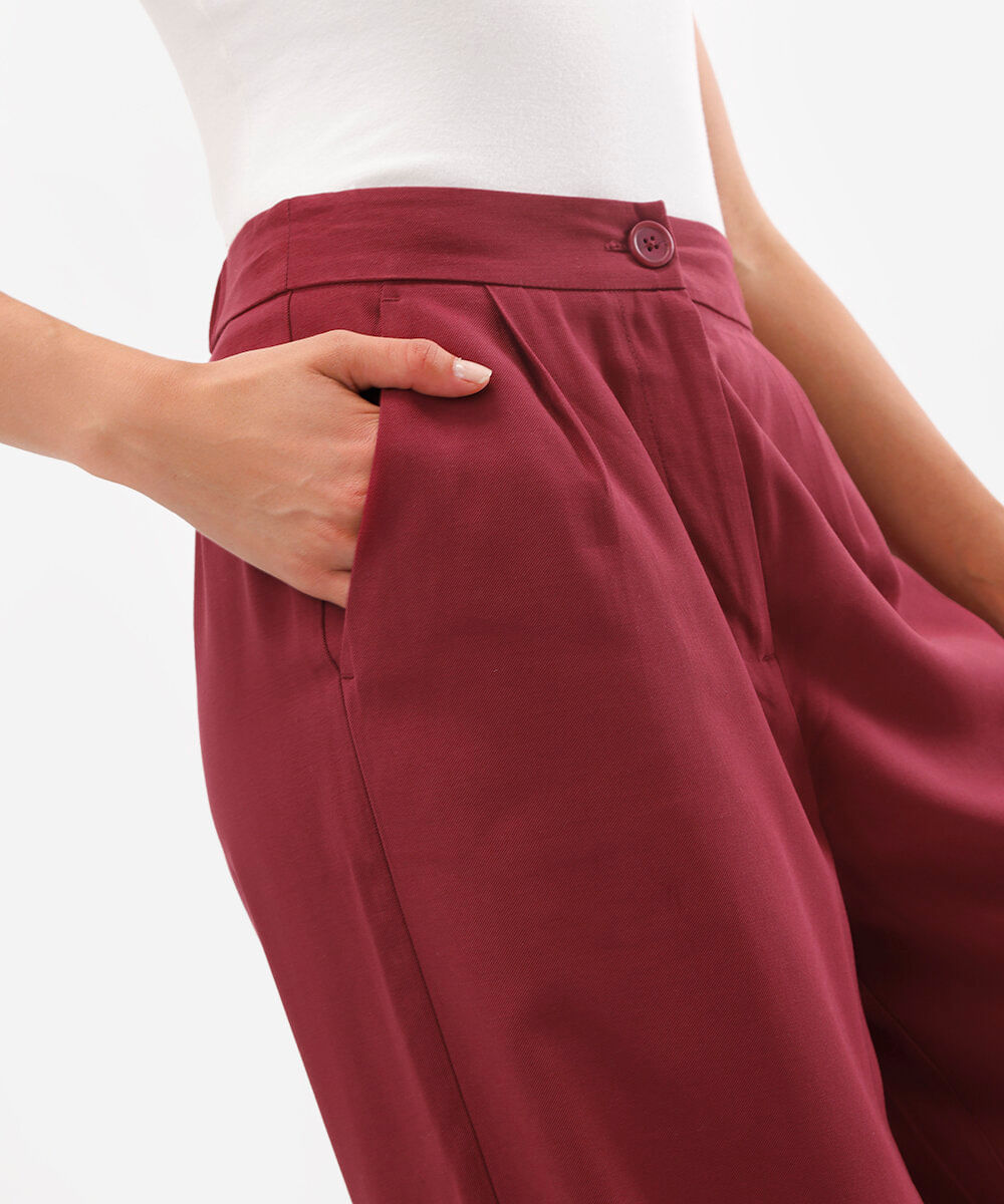 calça wide leg de viscose cintura alta com elástico - vinho