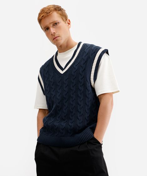 colete masculino de tricot texturizado azul