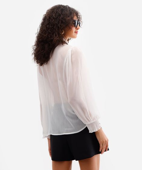 camisa feminina texturizada manga longa com babado off white