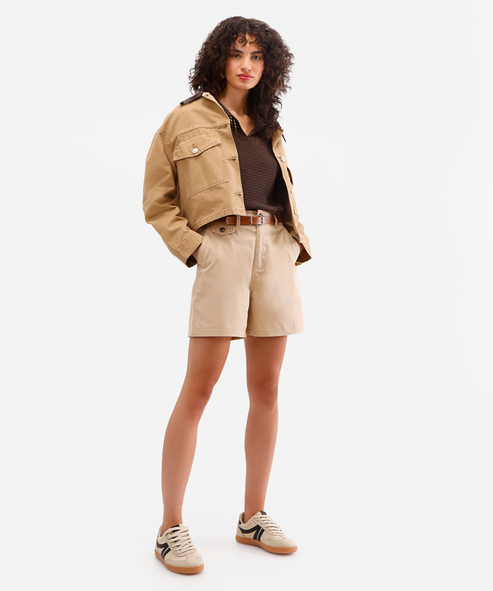 bermuda mom feminina de sarja com cinto bege