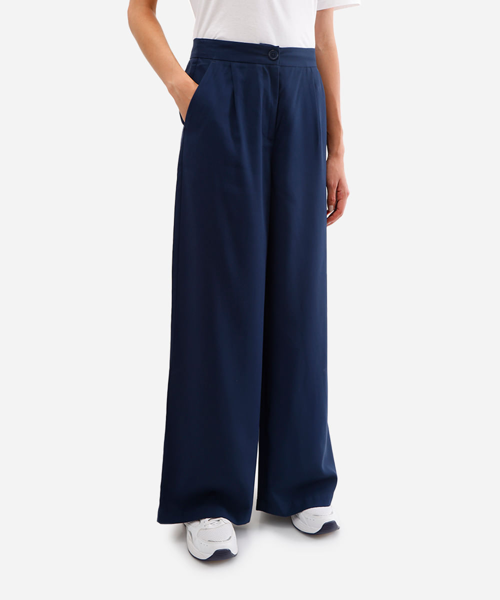 calça wide leg de viscose cintura alta com elástico - marinho_escuro