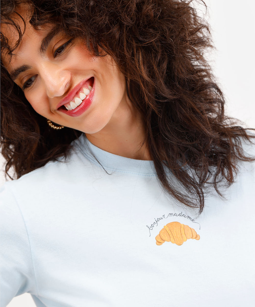 camiseta feminina de algodão croissant azul