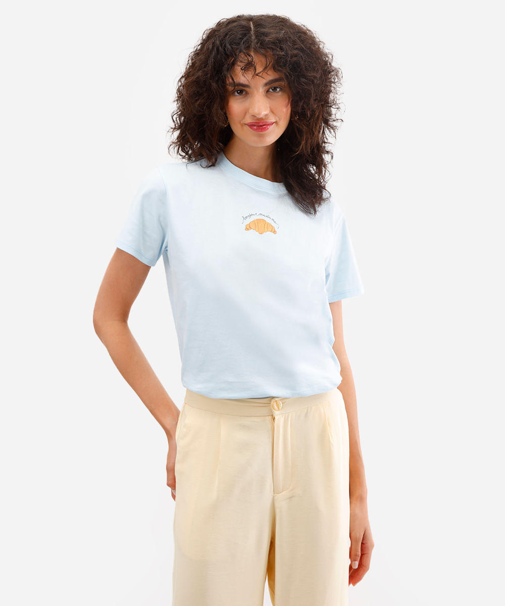 camiseta feminina de algodão croissant azul