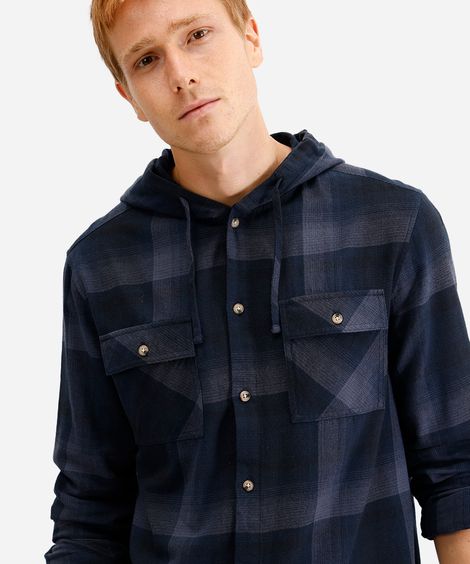 camisa masculina de algodão com capuz xadrez azul