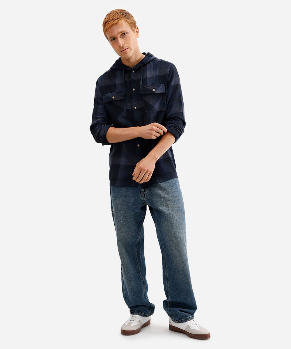 camisa masculina de algodão com capuz xadrez azul