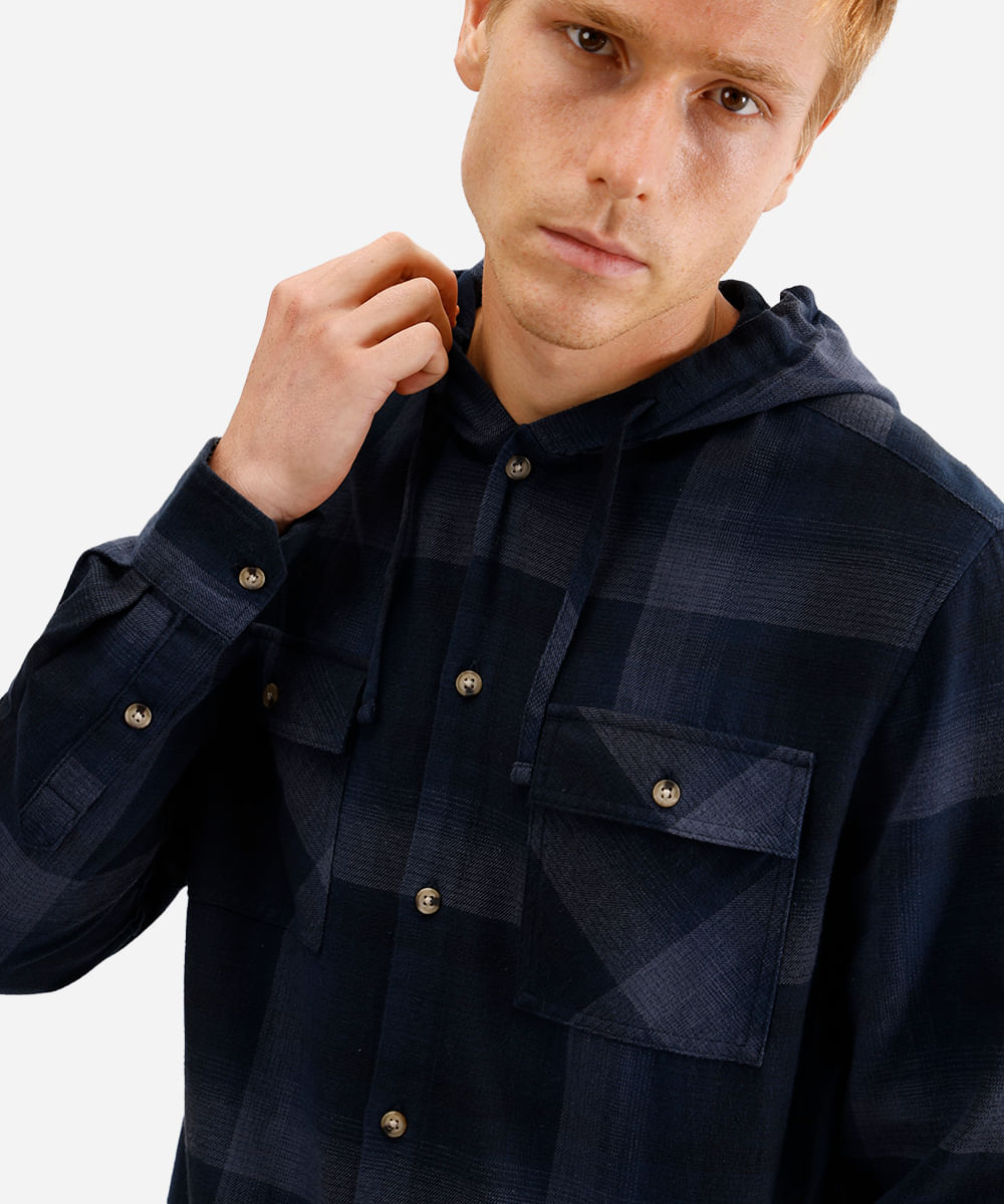 camisa masculina de algodão com capuz xadrez azul