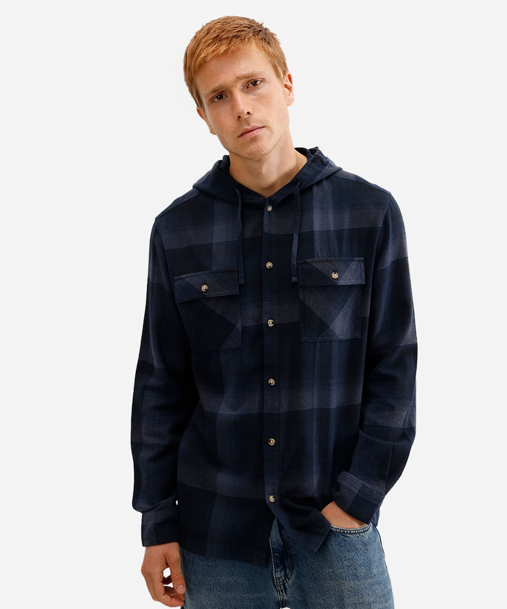 camisa masculina de algodão com capuz xadrez azul