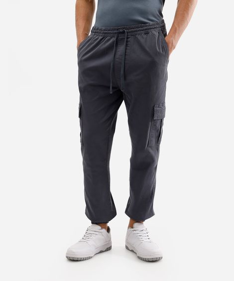 calça jogger cargo de sarja com cordão preta - cinza escuro