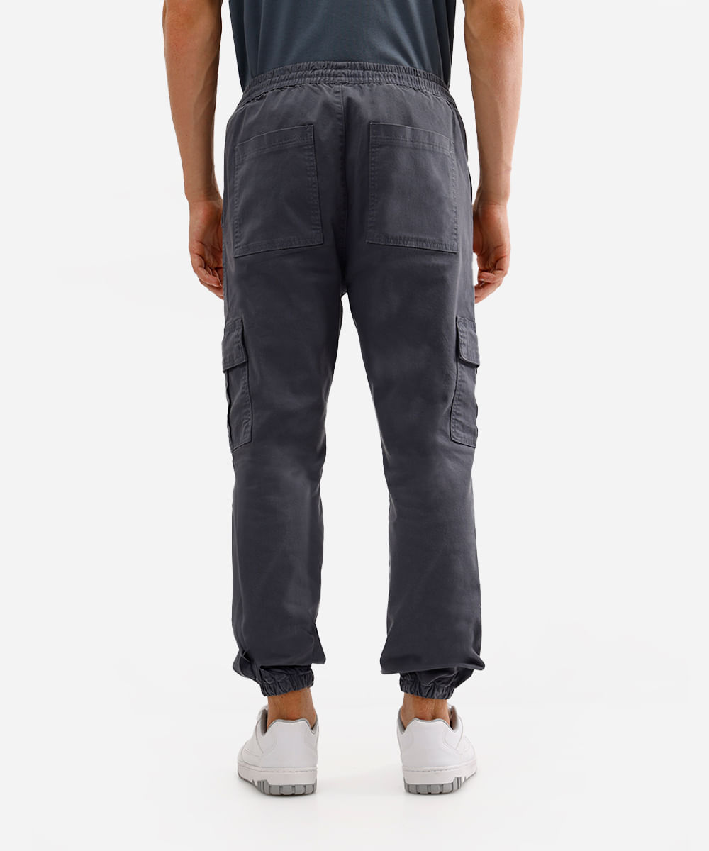 calça jogger cargo de sarja com cordão preta - cinza escuro