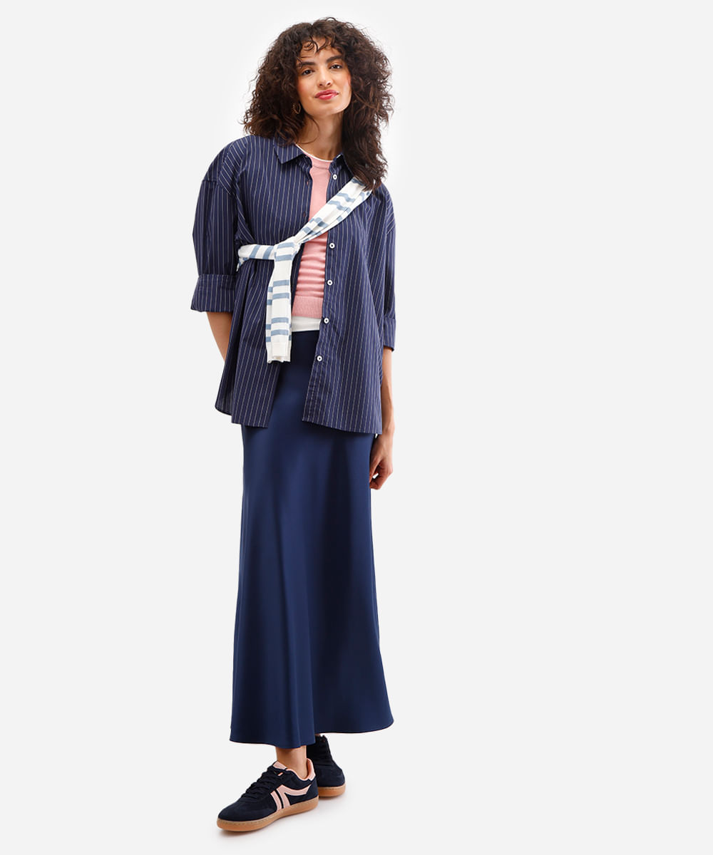 saia midi feminina acetinada azul