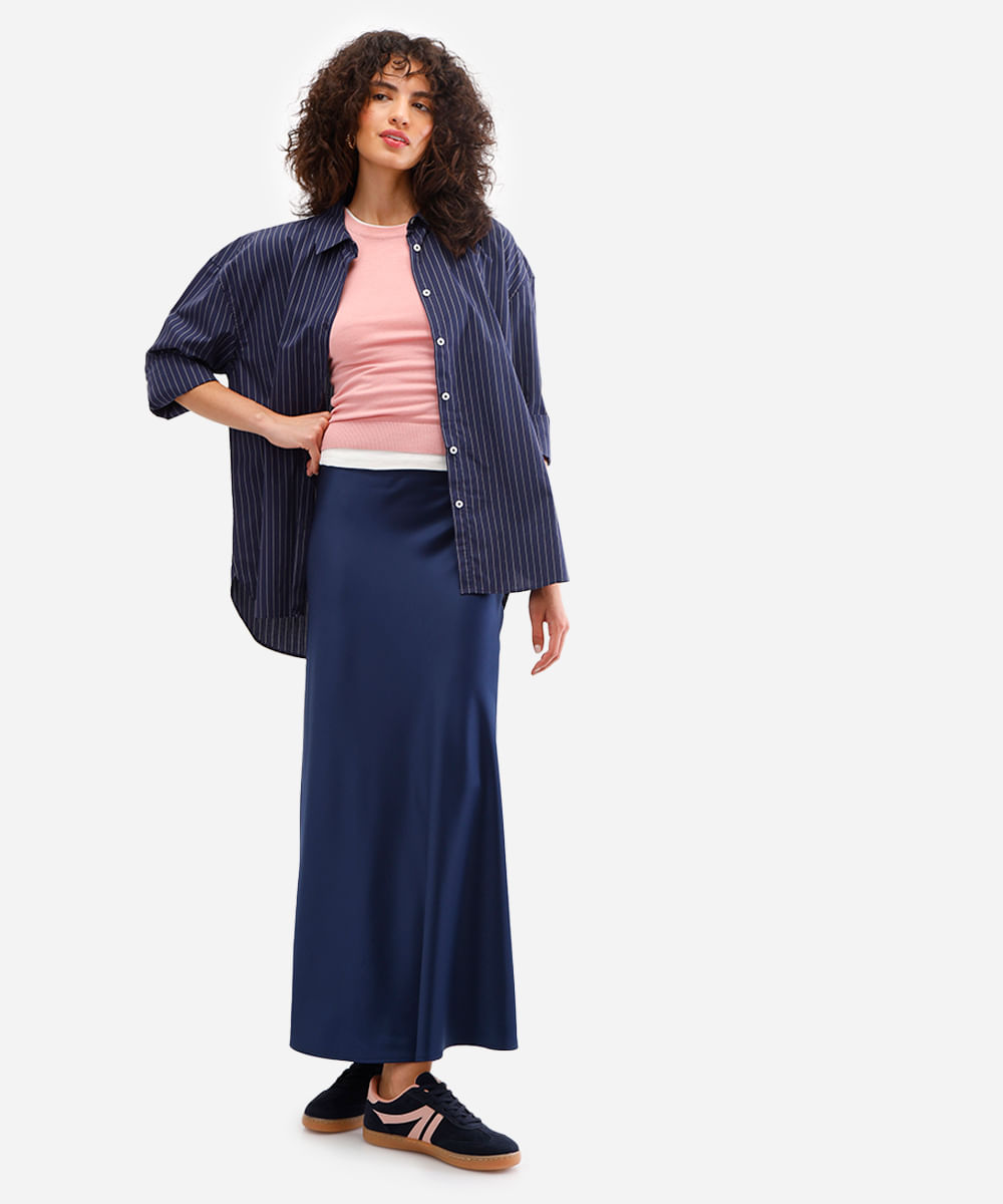 saia midi feminina acetinada azul