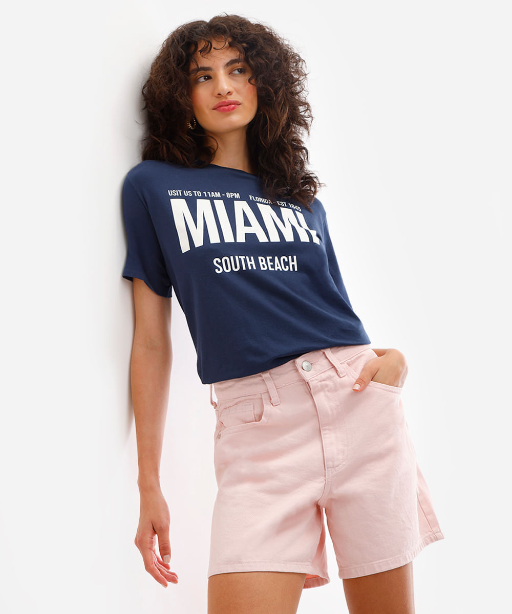 camiseta feminina de algodão miami azul